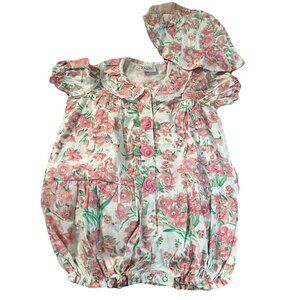 Vintage Zeddy Bear Jumpsuit Playsuit One‎ Piece Hat Outfit Floral 24 MOS Baby